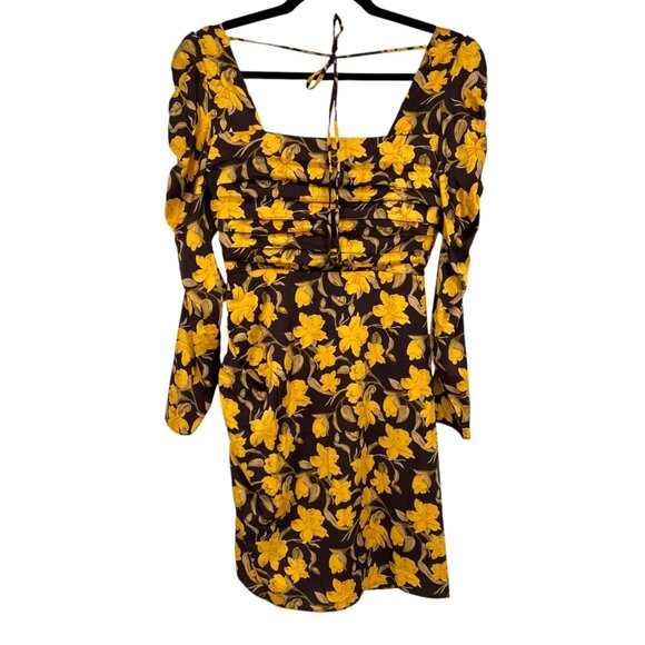 Floret Studios Floral Long Sleeve Ruched Square Neck Dress Yellow Brown XS NWOT - Picture 6 of 15